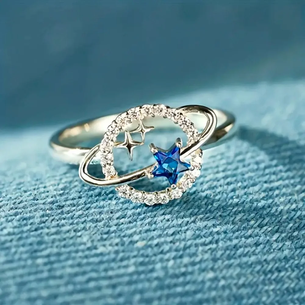 Star and Moon Ring, Planet and Star Ring, Cubic Zirconia Star and Planet Ring
